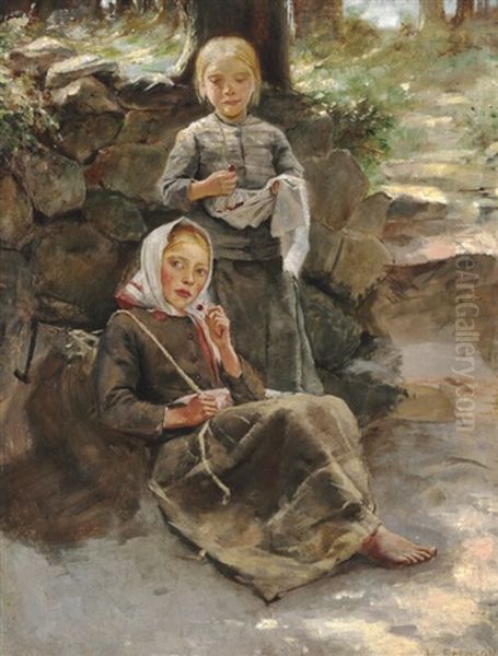 Two Little Girls Eating Cherries In A Cleaning In The Woods Oil Painting by Hugo Salmson