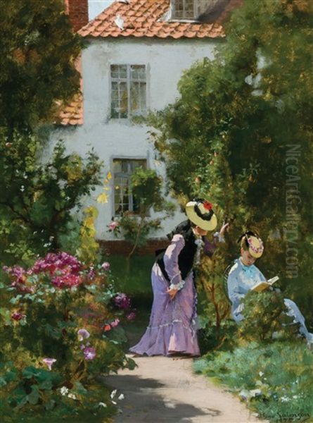 Women In The Garden Oil Painting by Hugo Salmson