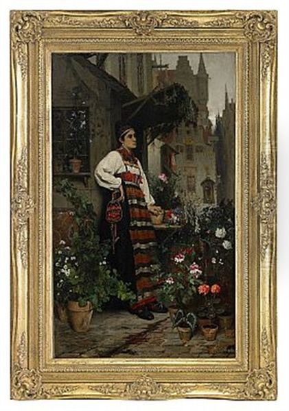 Blomsterforsaljerska Ikladd Rattviksdrakten Oil Painting by Hugo Salmson