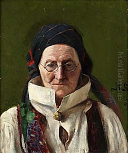 Portratt Av Aldre Kvinna Iford Folkdrakt Oil Painting by Hugo Salmson