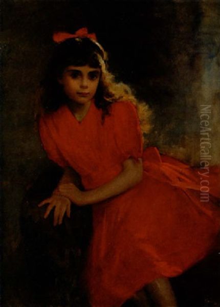 Fillette A La Robe Rouge Oil Painting by Hugo Salmson