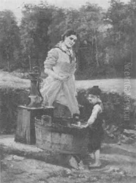 Mother And Child At The Well Oil Painting by Hugo Salmson