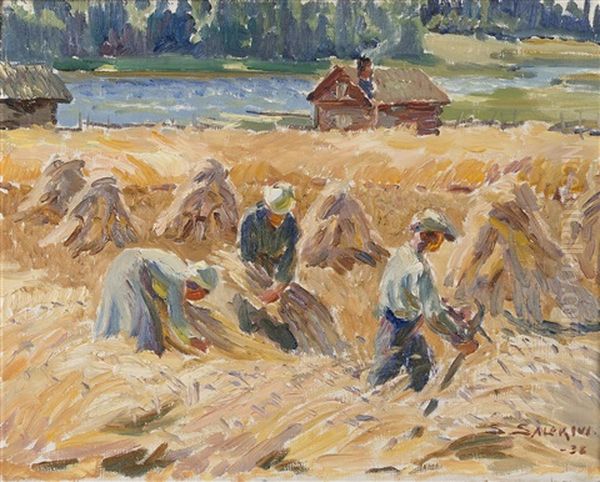 Workers In The Field Oil Painting by Santeri Salokivi