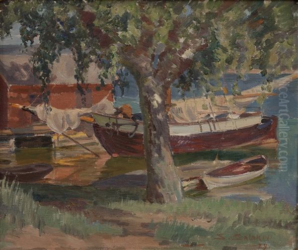 Boats By The Shore Oil Painting by Santeri Salokivi