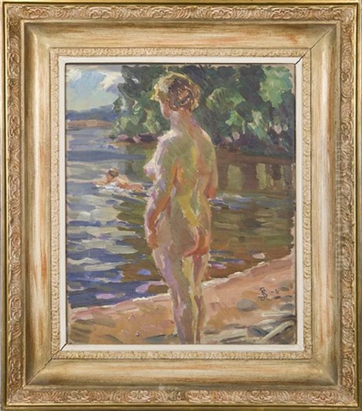 Woman On A Shore Oil Painting by Santeri Salokivi