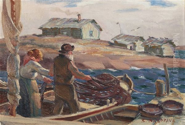 Fisherman Oil Painting by Santeri Salokivi