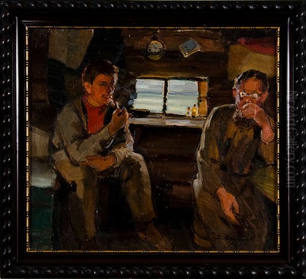 Men In Hut Oil Painting by Santeri Salokivi