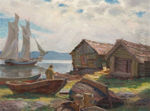 Fishing Huts Oil Painting by Santeri Salokivi