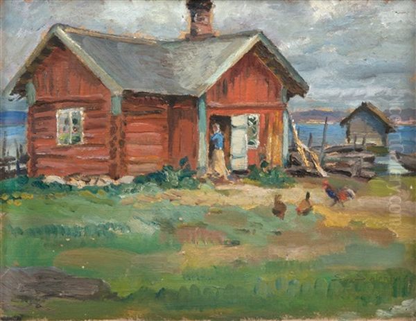 Red Cottage Oil Painting by Santeri Salokivi