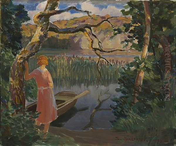 Woman On A Shore, Scene From Aland Oil Painting by Santeri Salokivi