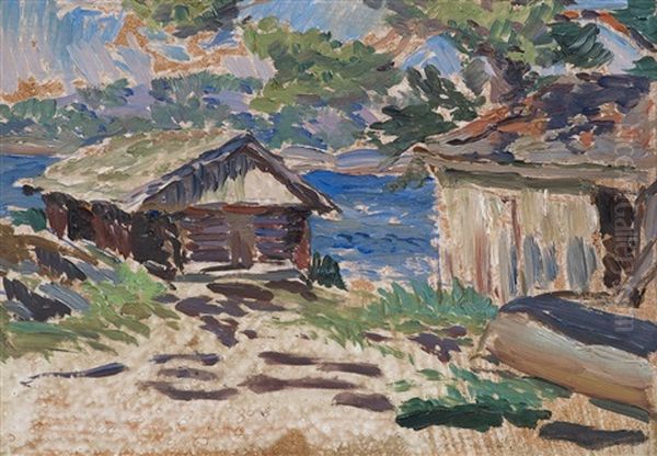 Sheds On The Shore Oil Painting by Santeri Salokivi