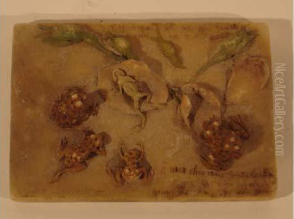 Plaquette Grenouilles Et Fleurs Oil Painting by Henri Theodore Bouillon