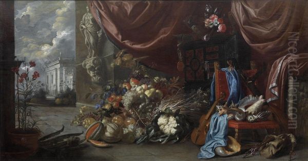 Amagnificent Still Life With Shells, Fruit, Vegetables And A Flute Against An Architectural Backdrop Oil Painting by Michel Bouillon