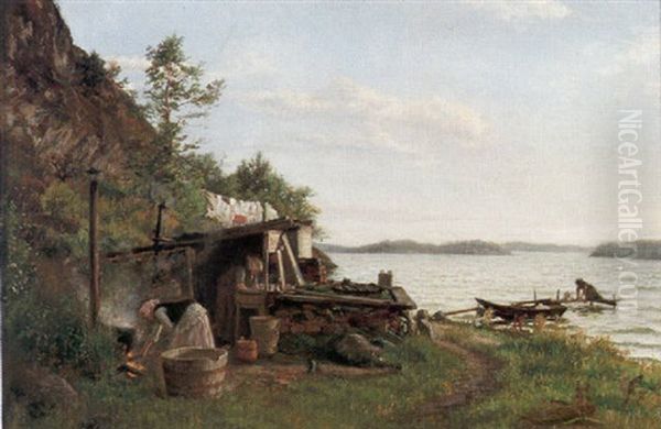 Kvinnor I Skargardslandskap Oil Painting by Geskel (Saloma) Saloman