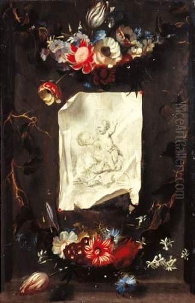 Trompe L'oeil A La Gravure De Rubens Representant Une Vierge A L'enfant Fixee Dans Une Niche Decoree De Guirlandes De Fleurs
 Panneau De Chene, Une Planche, Non Parquete. Oil Painting by Michel Bouillon