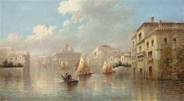 Gondolas On The Grand Canal (+ A Venetian Canal Scene, Venice; Pair) Oil Painting by James Salt