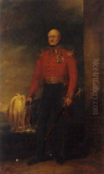 Portrait Of General Sir Arthur Clifton In Uniform, Holding A Plumed Hat In His Right Hand And A Sword In His Left, In A Landscape Oil Painting by William Salter