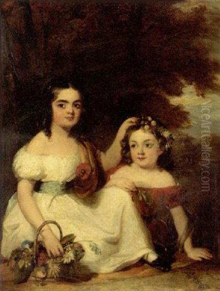 Portrait Of Eleanor And Mary Ann Rickards, Eleanor In A White Dress With Flowers In A Basket By Her Side And Mary Ann In A Red Dress With Flowers In Her Hair Oil Painting by William Salter