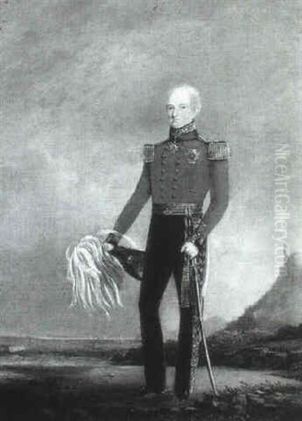 Portrait Of Sir Colin Campbell, Standing Full Length In     Staff Officer's Uniform Before A Coastal Landscape Oil Painting by William Salter