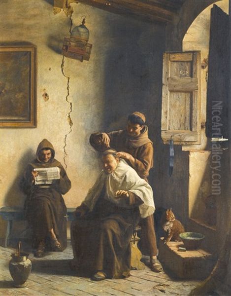 A Close Shave Oil Painting by Pietro Saltini