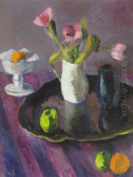 Opstilling Med Blomster I Vase Pa Bakke Oil Painting by Edvard Anders Christian Saltoft