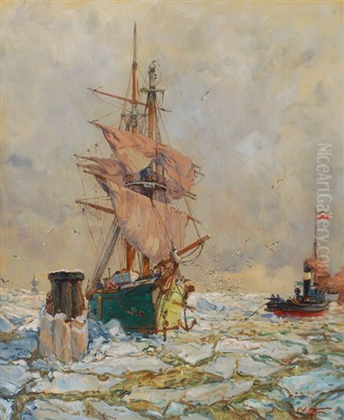 Drift Ice On The River Elbe Oil Painting by Carl Saltzmann