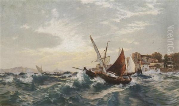 Abend Am Gardasee. Heimkehrende Fischerboote Vor Dem Ufer Oil Painting by Carl Saltzmann