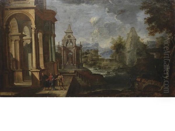 Two Architectural Capricci With Scenes From The Life Of Christ (2 Works) Oil Painting by Alessandro Salucci