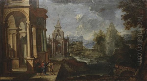 Two Architectural Capricci With Scenes From The Life Of Christ (pair) Oil Painting by Alessandro Salucci