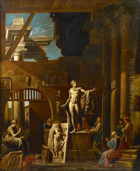 A Sculptor With Patrons Amongst Classical Ruins Oil Painting by Alessandro Salucci