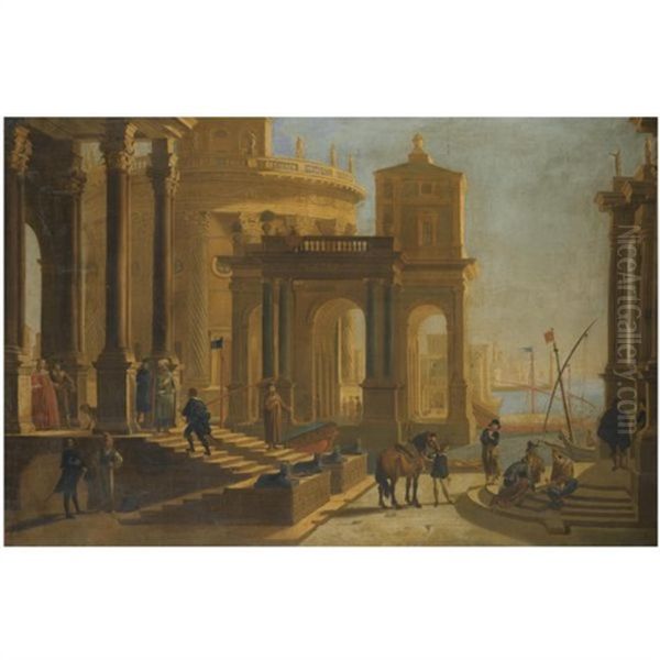 A Capriccio View Of A Palace Beside A Harbour With Figures In The Foreground Oil Painting by Alessandro Salucci