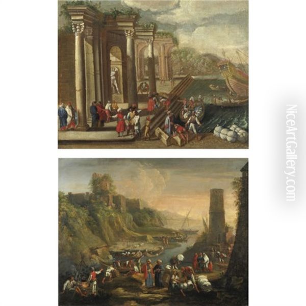 Veduta Di Un Porto Con Capriccio Architettonico, Figure E Imbarcazioni (+ Veduta Costiera Con Figure E Una Torre Sulla Destra; Pair) Oil Painting by Alessandro Salucci