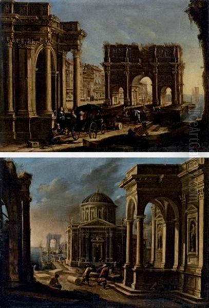 Capriccio Architettonico Con Arco Di Trionfo E Figure In Carrozza (+ Architettonico Con Porticciolo Sullo Sfondo; 2 Works) Oil Painting by Alessandro Salucci