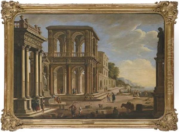 An Architectural Capriccio With An Ionic Portico, A Fountain, A Two Story Loggia, A Gothic Palace And Figures On A Quay (collab. W/jan Miel) Oil Painting by Alessandro Salucci