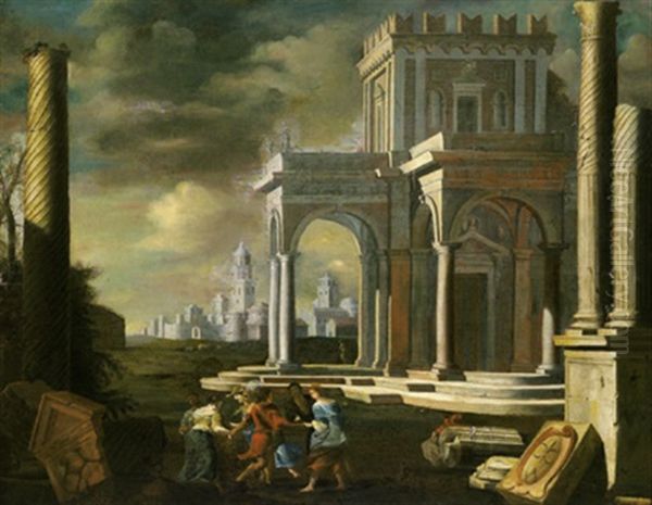 Prospettiva Architettonica Con Una Carola Di Danzanti Oil Painting by Alessandro Salucci