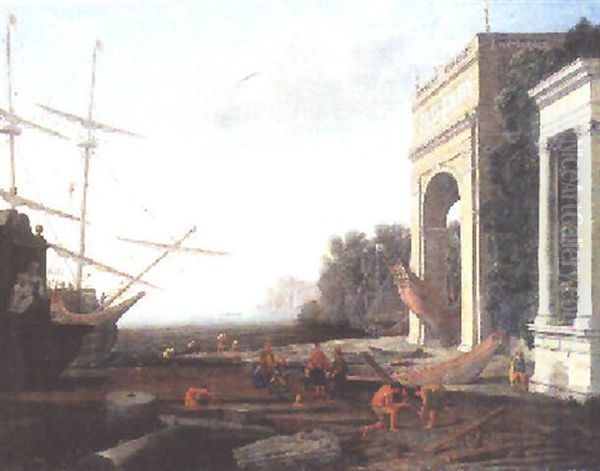 Vue D'un Port Mediterraneen Anime De Villageois Et Marins Oil Painting by Alessandro Salucci