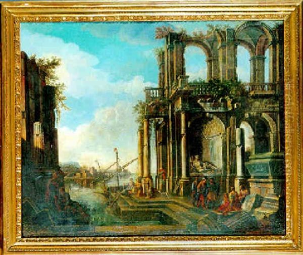 Ruines Antiques Animees De Nombreux Personnages Pres Du Rivage Oil Painting by Alessandro Salucci