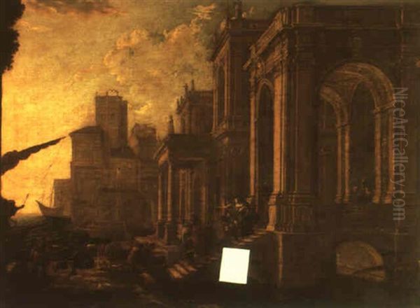 Figures By A Classical Building In An Imaginary Mediterranean Harbor Oil Painting by Alessandro Salucci