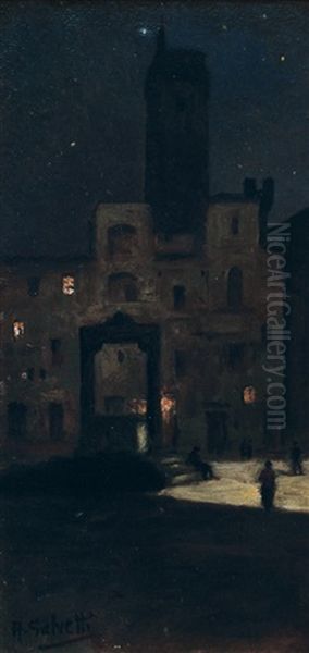 Animazione Serale A San Gimignano Oil Painting by Antonio Salvetti