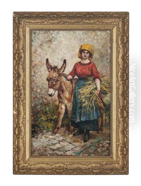 A Young Woman With A Donkey Oil Painting by Antonio Salvetti