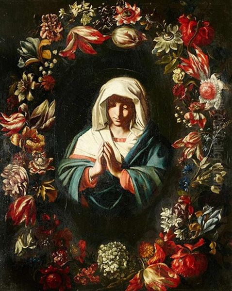 Virgen Orante Con El Nino En Una Orla De Flores Oil Painting by Giovanni Battista Salvi (Il Sassoferrato)