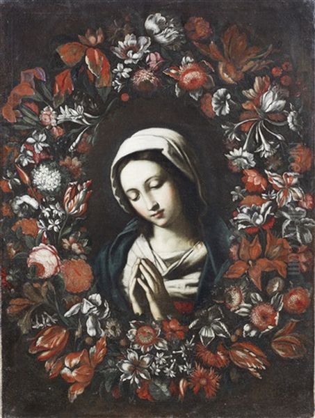 The Madonna At Prayer, Surrounded By A Garland Of Flowers Oil Painting by Giovanni Battista Salvi (Il Sassoferrato)