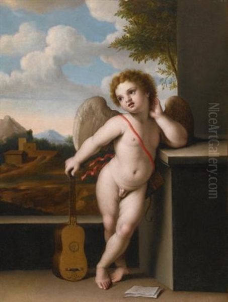 An Angel Holding A Guitar Oil Painting by Giovanni Battista Salvi (Il Sassoferrato)