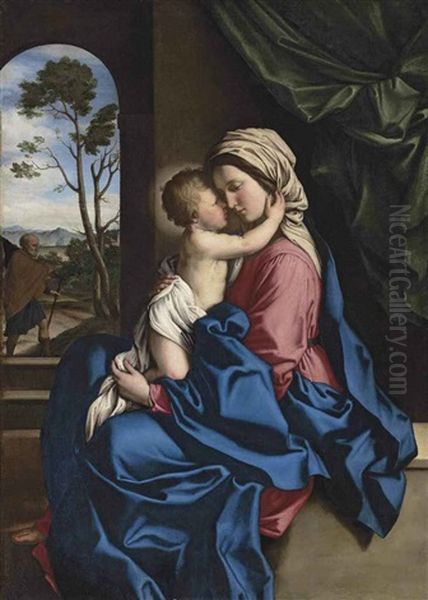 The Madonna And Child Embracing In An Interior, A Landscape With Saint Joseph Beyond Oil Painting by Giovanni Battista Salvi (Il Sassoferrato)