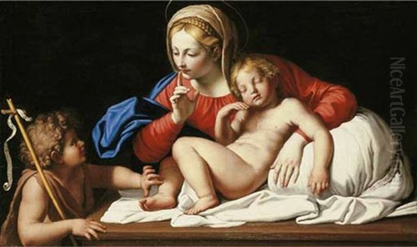 The Madonna Requesting Silence From The Infant Saint John The Baptist As The Child Sleeps Oil Painting by Giovanni Battista Salvi (Il Sassoferrato)