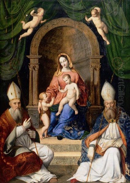 The Madonna And Child Enthroned With The Infant Saint John The Baptist And Two Bishop Saints Oil Painting by Giovanni Battista Salvi (Il Sassoferrato)