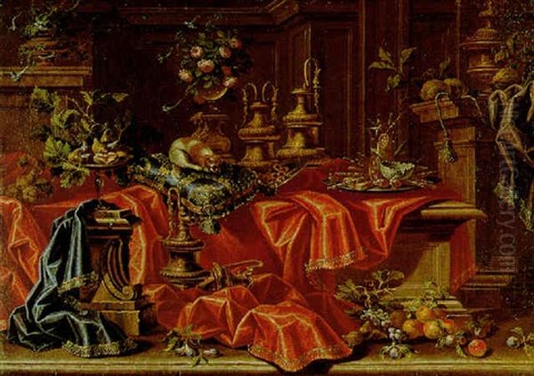 Still Life Of Numerous Gilt Ewers, Various Fruits, A Spaniel Resting On A Gold-embroidered Cushion, And Other Objects, All Arranged Within An Interior Oil Painting by Giovanni Battista Salvi (Il Sassoferrato)