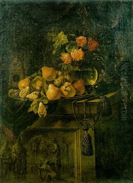 Fruit On A Plate, Flowers In A Glass Vase And A Clock On A Draped Pedestal by Giovanni Battista Salvi (Il Sassoferrato)