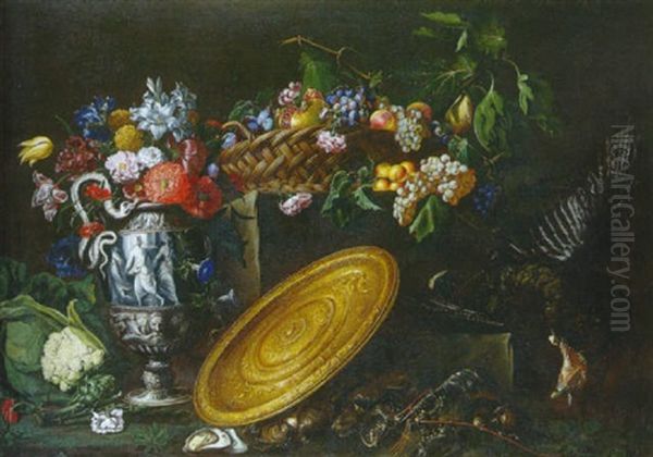 Nature Morte Au Plat D'orfevrerie, Faisan, Panier De Fruits Et Bouquets De Fleurs Oil Painting by Giovanni Battista Salvi (Il Sassoferrato)