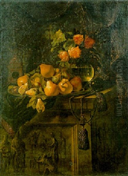 Fruit On A Plate, Flowers In A Glass Vase And A Clock On A Draped Pedestal Oil Painting by Giovanni Battista Salvi (Il Sassoferrato)